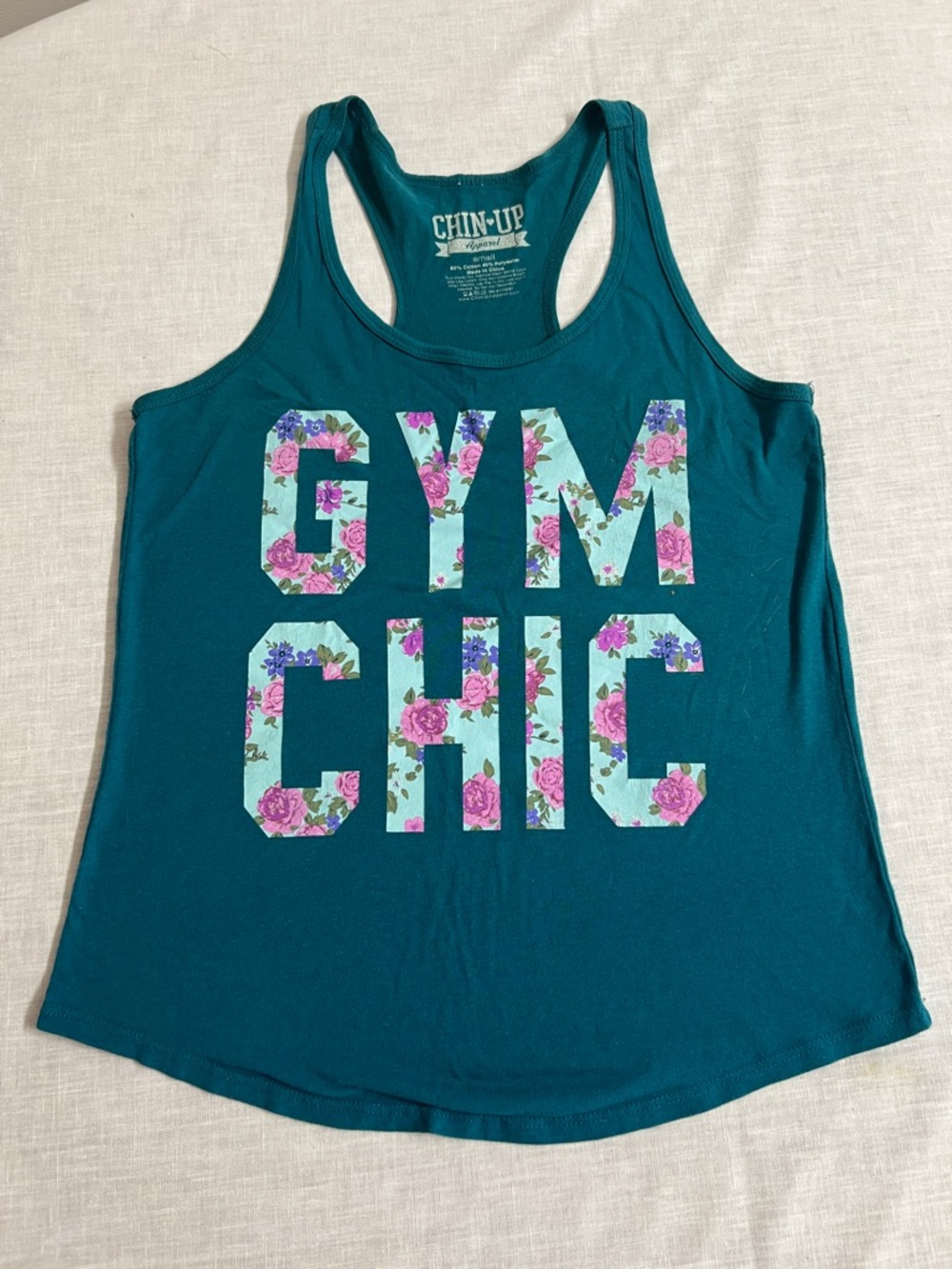 🌞 Chin-Up apparel Teal Gym Chic graffic Tank Top floral print unisex women S
